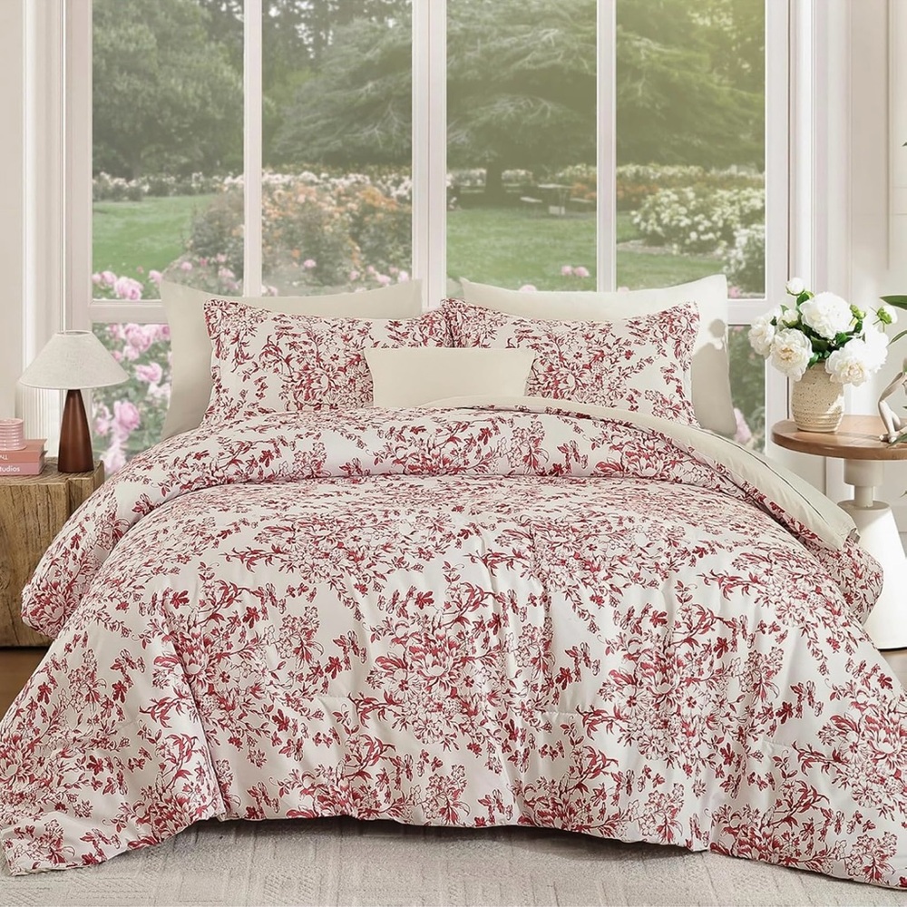 WONGS King Size 8-Piece Floral Comforter Set Red Botanical Bed in a Bag